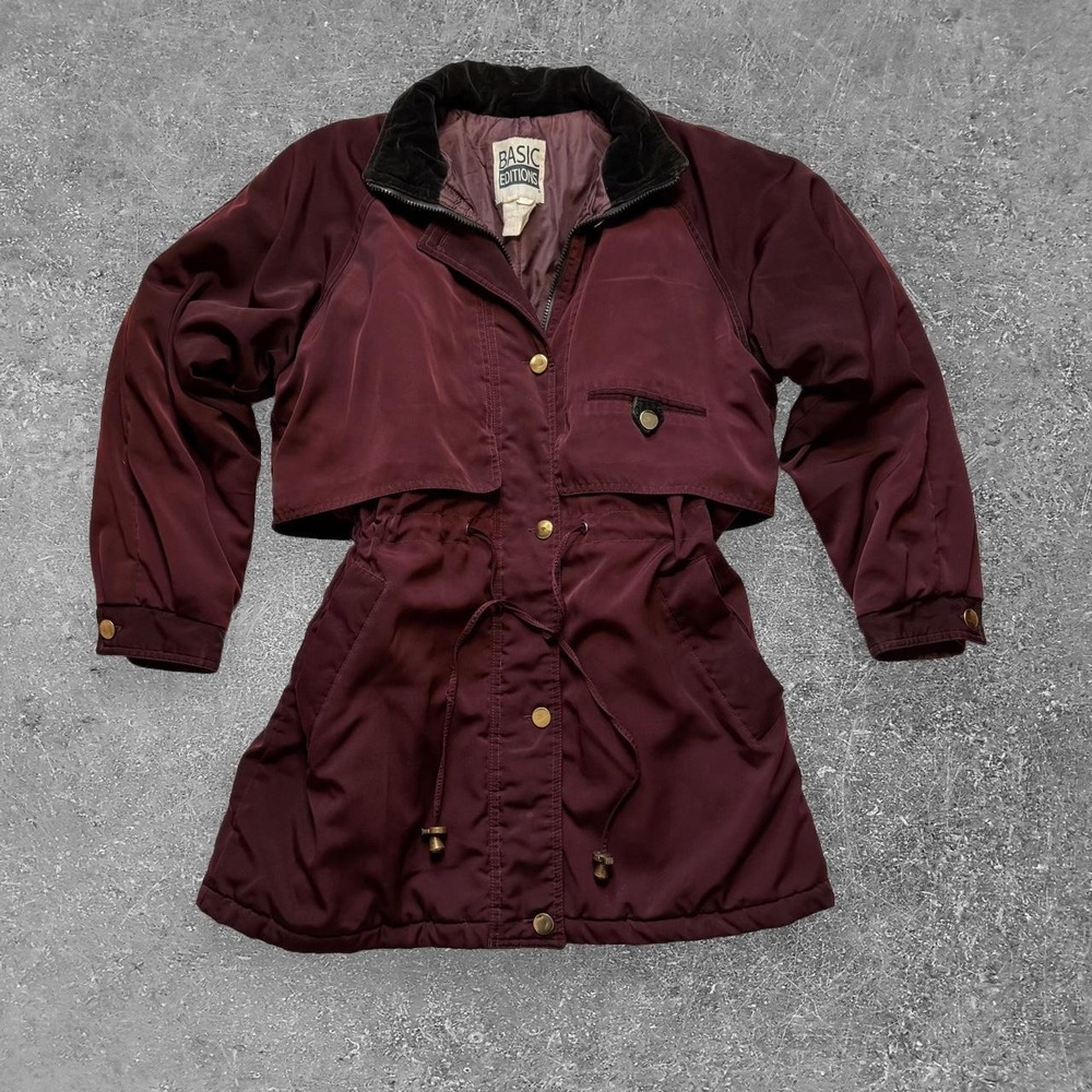Basic Editions Burgundy Puffer Jacket Womens Medium Cinch Waist Outerwear Coat